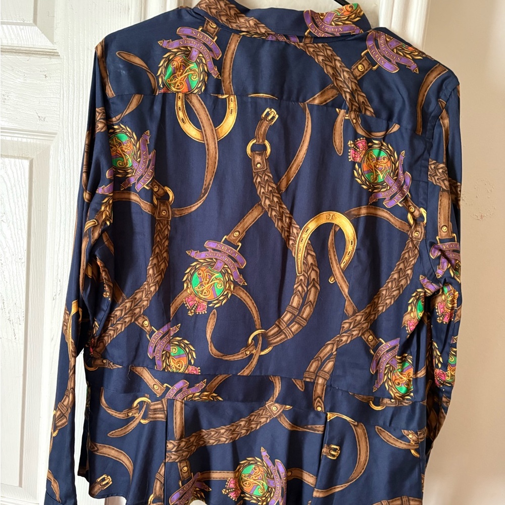 Ralph Lauren Equestrian Navy Gold Chain-Print Peplum Button-Down Shirt - Picture 3 of 7